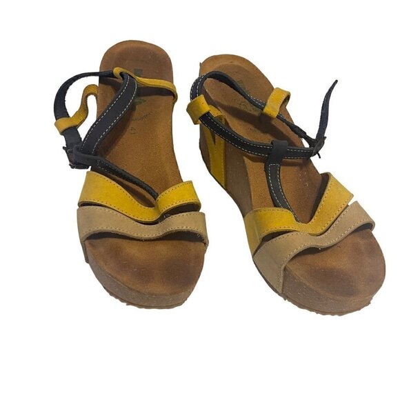 BioNatural by Bos & Co Wedge Sandals Blue & Mustard Yellow Leather Cork Size 9 - Picture 3 of 11